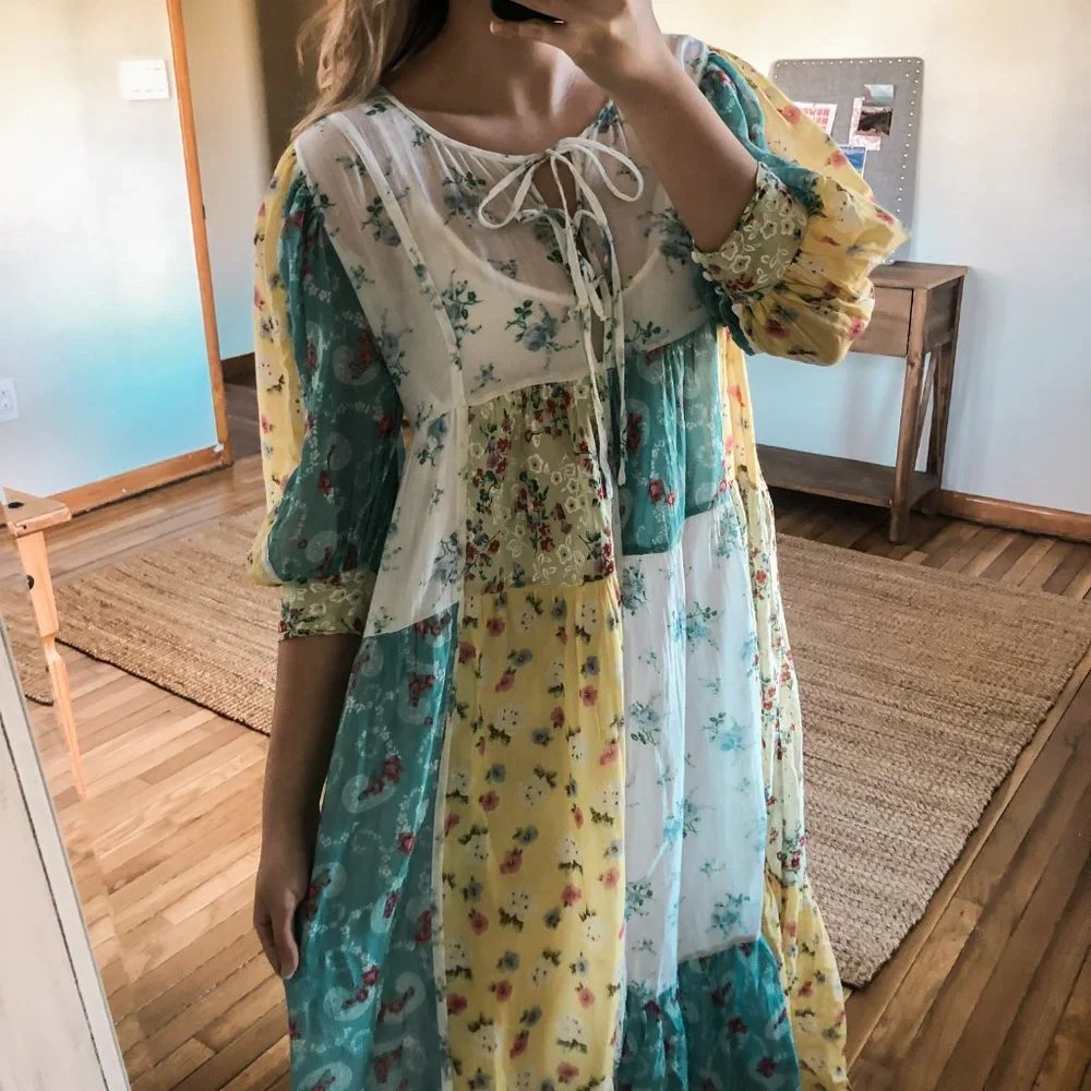 LoveShackFancy Bex Patchwork Floral Bohemian Cottage Core Cotton Maxi Dress M - Picture 2 of 9